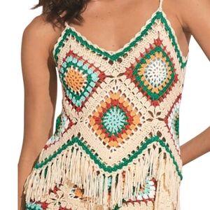 ELAN Multicolor Boho Crochet Fringed Vneck Spaghetti Strap Tank Top Women's SZ L